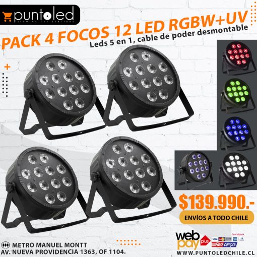 Pack 4 Focos 12 led rgbwUV - Punto Led Chile